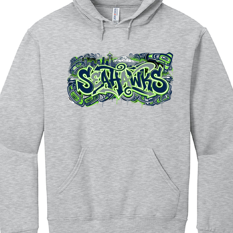 Gray hoodie with 'Seahawks' logo in green and blue on a white background
