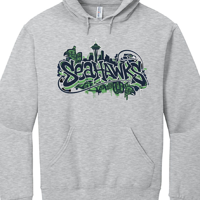 Gray hoodie with 'Seahawks' graphic design on a white background