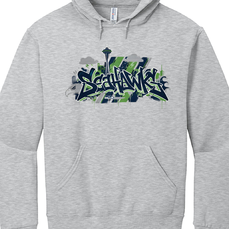 Gray hoodie with 'Seahawks' graffiti-style text and Space Needle graphic on a white background