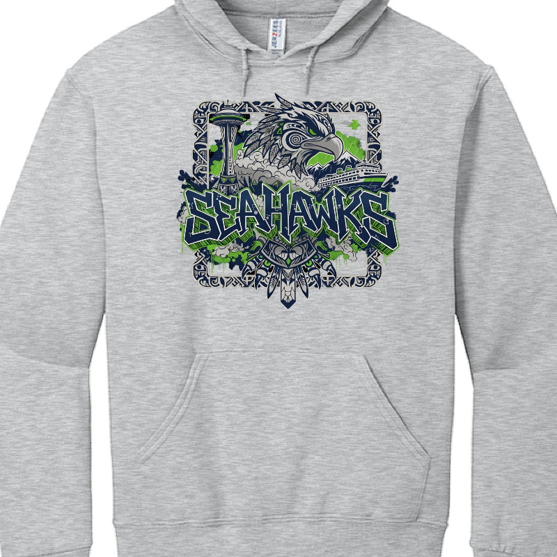 Gray hoodie with Seahawks logo on a white background