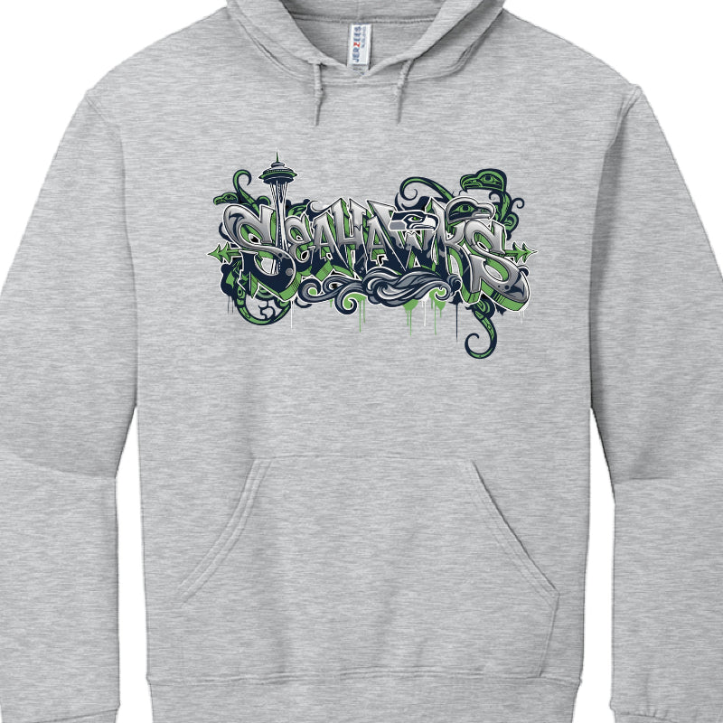 Gray hoodie with 'Seattle' text design on a white background