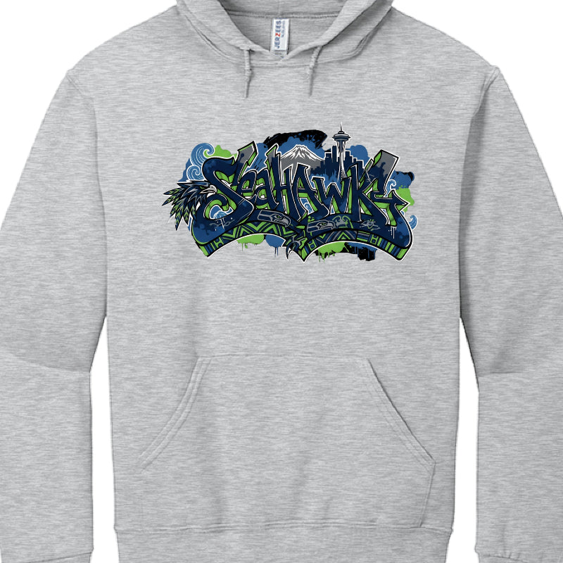 Gray hoodie with colorful 'Seattle' graphic design on a white background