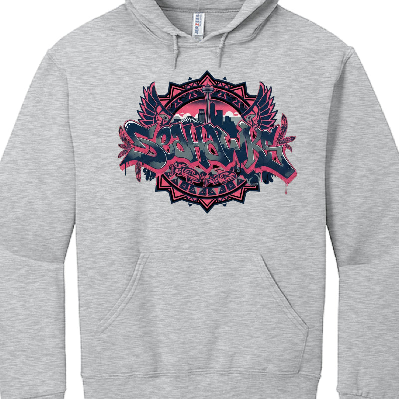 Individual Hoodie Varieties
Navy Blue (Image 1): Features a dense graffiti design with a heavy indigenous art border along the bottom.

Black with Storm Theme (Image 2): Highlights Seattle's climate with storm clouds, lightning bolts, and a large crashing wave.

Navy with Mascot (Image 3): Focuses on a central osprey (seahawk) with spread wings and a green halo, accompanied by an "EST. 1974" banner.

Black with Cityscape (Image 4): A variation of the navy design in Image 1, set against a black garment for h