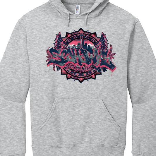 Individual Hoodie Varieties
Navy Blue (Image 1): Features a dense graffiti design with a heavy indigenous art border along the bottom.

Black with Storm Theme (Image 2): Highlights Seattle's climate with storm clouds, lightning bolts, and a large crashing wave.

Navy with Mascot (Image 3): Focuses on a central osprey (seahawk) with spread wings and a green halo, accompanied by an "EST. 1974" banner.

Black with Cityscape (Image 4): A variation of the navy design in Image 1, set against a black garment for h