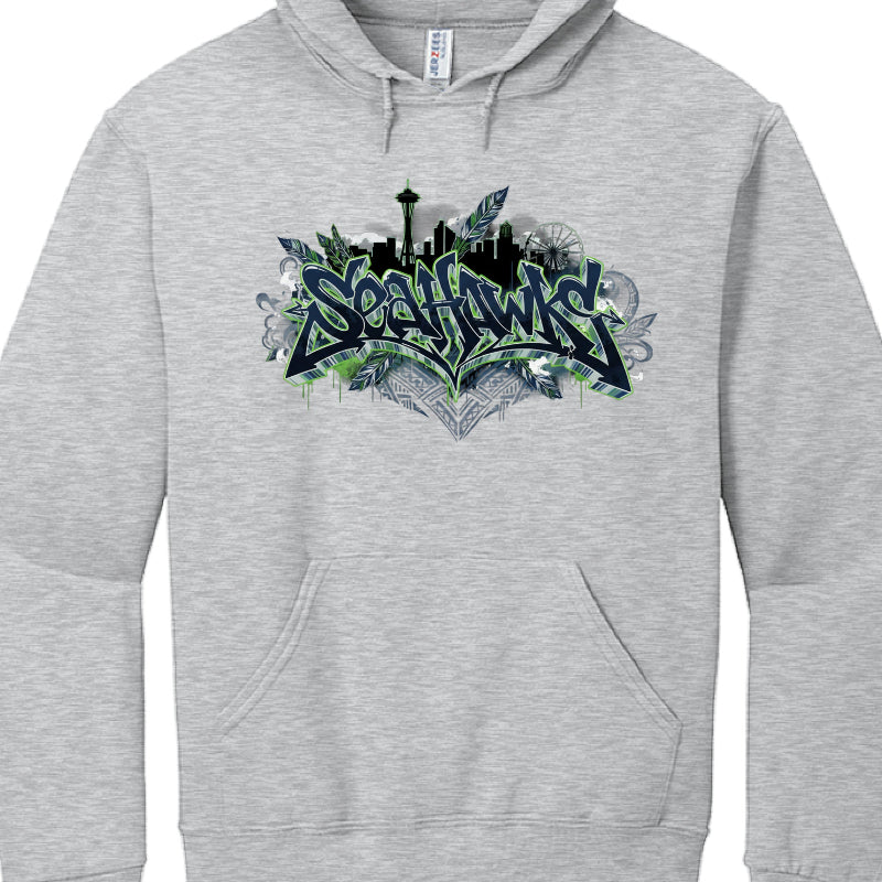 Gray hoodie with 'Seahawks' graphic design on a white background