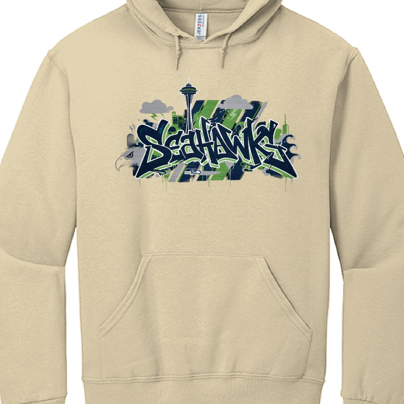 Beige hoodie with 'Seahawks' graphic design on a white background
