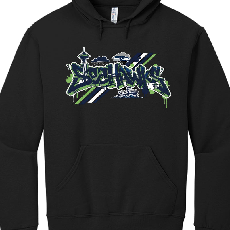 These hoodies celebrate the Seattle Seahawks with designs incorporating team colors (navy, neon green, and grey) and iconic Seattle landmarks.

Northwest Coast Style (Black): Features a central osprey (seahawk) in a traditional indigenous art style. The Space Needle rises behind the bird, and the word "SEAHAWKS" is printed in a bold 3D-effect font.

Graffiti Skyline Style: These designs feature "SEAHAWKS" in a stylized, dripping graffiti font set against various backdrops.

Heather Grey: Includes a mountain