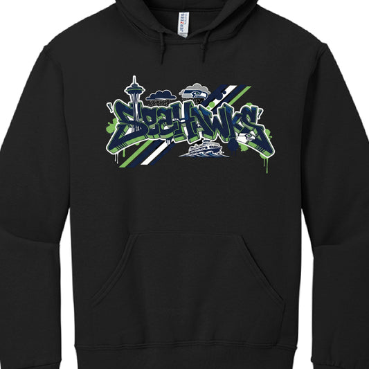 These hoodies celebrate the Seattle Seahawks with designs incorporating team colors (navy, neon green, and grey) and iconic Seattle landmarks.

Northwest Coast Style (Black): Features a central osprey (seahawk) in a traditional indigenous art style. The Space Needle rises behind the bird, and the word "SEAHAWKS" is printed in a bold 3D-effect font.

Graffiti Skyline Style: These designs feature "SEAHAWKS" in a stylized, dripping graffiti font set against various backdrops.

Heather Grey: Includes a mountain