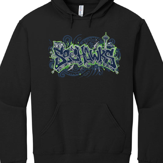 This image shows a black pullover hoodie featuring a vibrant, stylized graphic dedicated to the Seattle Seahawks NFL team.

Design Details
Central Text: The word "SEAHAWKS" is rendered in a bold, 3D graffiti-style font. It uses the team's signature colors: navy blue, action green, and wolf grey.

Iconic Landmarks: To the right of the text, there are illustrations of the Space Needle and Mount Rainier, firmly anchoring the design in Seattle.

Cultural Motifs: On the left side, there is a stylized owl or bird