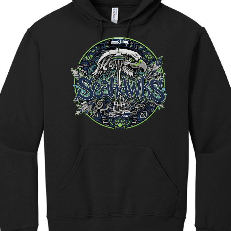Black hoodie with Seahawks logo featuring an eagle and Space Needle on a white background