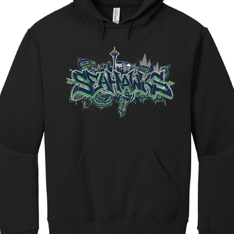 Black hoodie with 'Seahawks' graphic design on a white background
