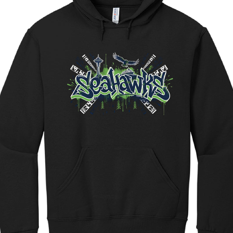 Black hoodie with 'SeaHawks' graphic design on a white background