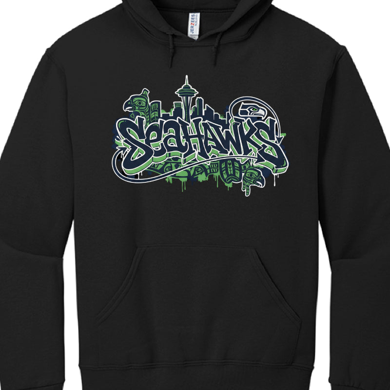 Black hoodie with 'Seahawks' graphic design on a white background
