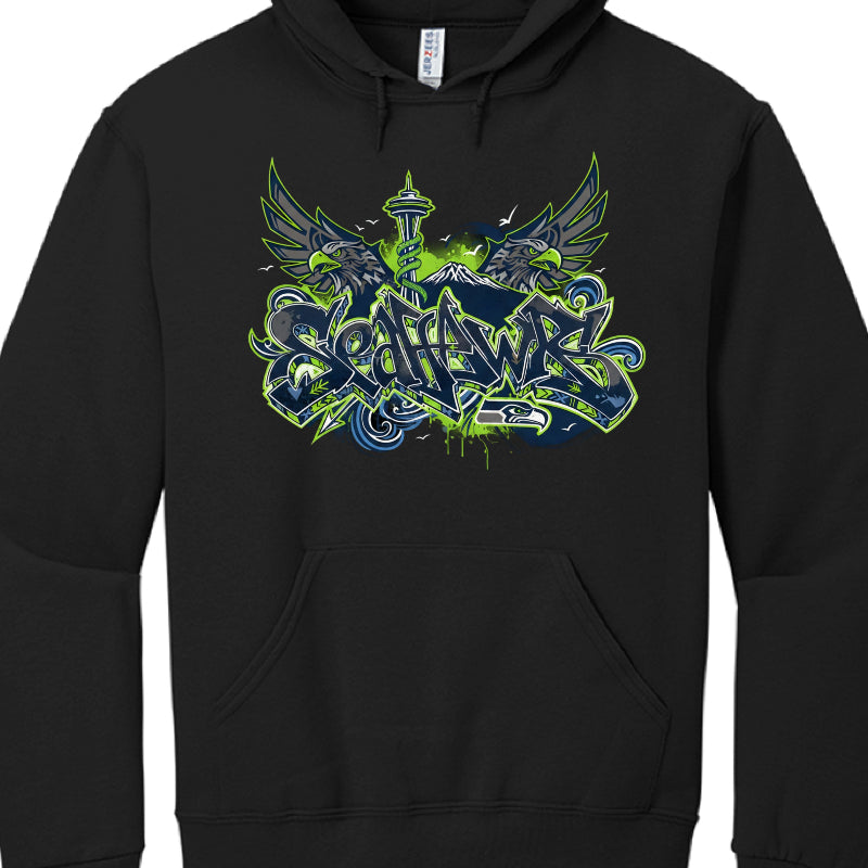 Black hoodie with green and blue graphic design on a white background