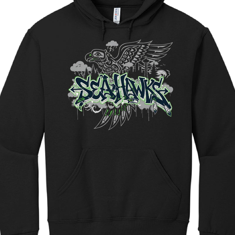 Black hoodie with an eagle graphic and 'Scawhawks' text on a white background
