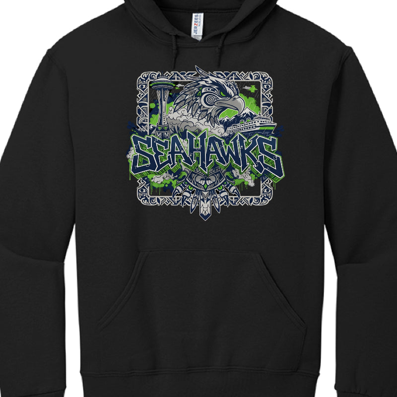 Black hoodie with a graphic design of a hawk and 'Sea Hawks' text on a white background
