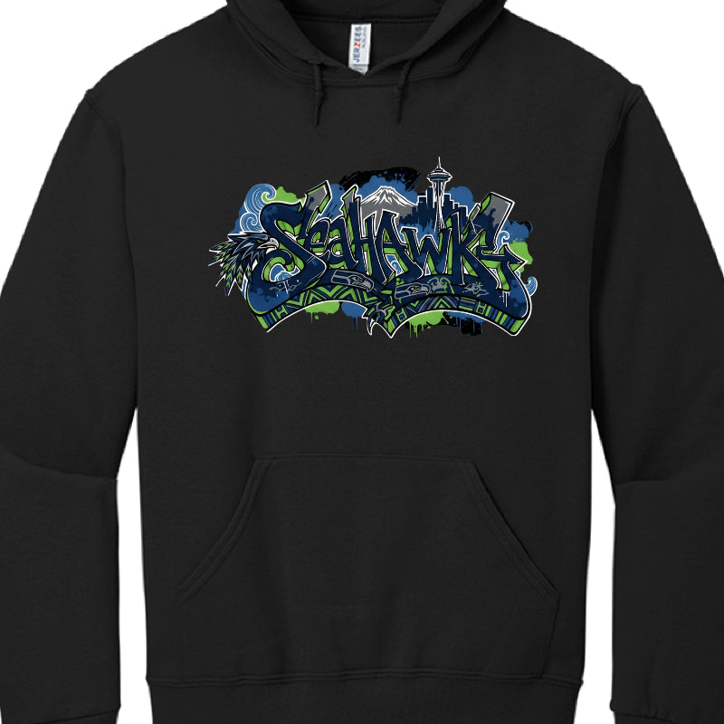 Black hoodie with colorful 'SeaHawks' logo on a white background