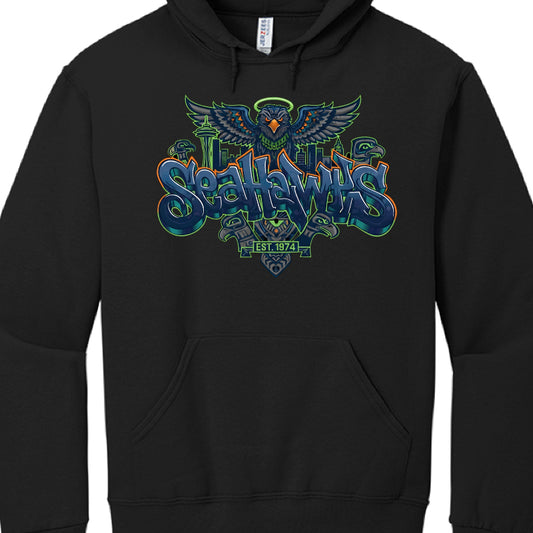 Black hoodie with colorful 'Seattle Seahawks' logo on a white background