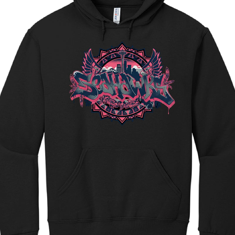 Black hoodie with colorful 'Southway' graphic design on a white background