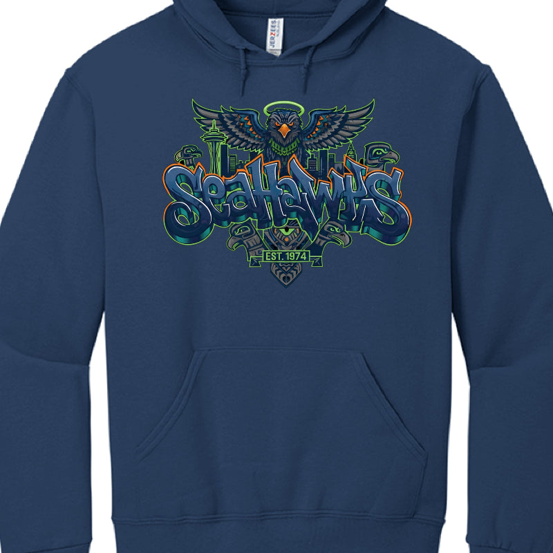 The image displays a navy blue pullover hoodie featuring an elaborate graphic design that celebrates the Seattle Seahawks and the city of Seattle.

Graphic Design Elements
The central artwork uses a stylized graffiti and Pacific Northwest indigenous aesthetic to showcase the team's identity:

Typography: The word "SEAHAWKS" is rendered in a large, 3D graffiti-style font. The letters are colored in the team's signature navy blue with vibrant "action green" and "wolf grey" outlines and accents.
