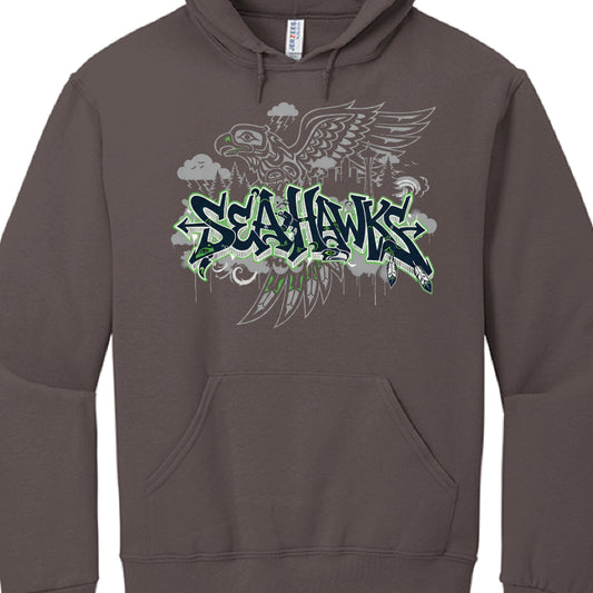 Brown hoodie with eagle graphic and 'Seahawks' text on a white background