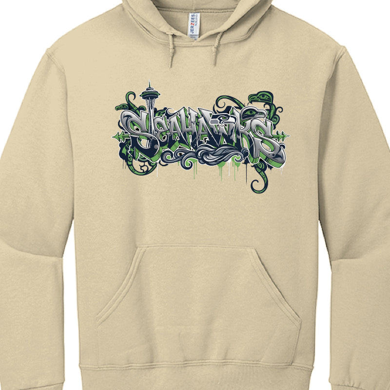 Beige hoodie with 'Superhawks' graphic design on a white background