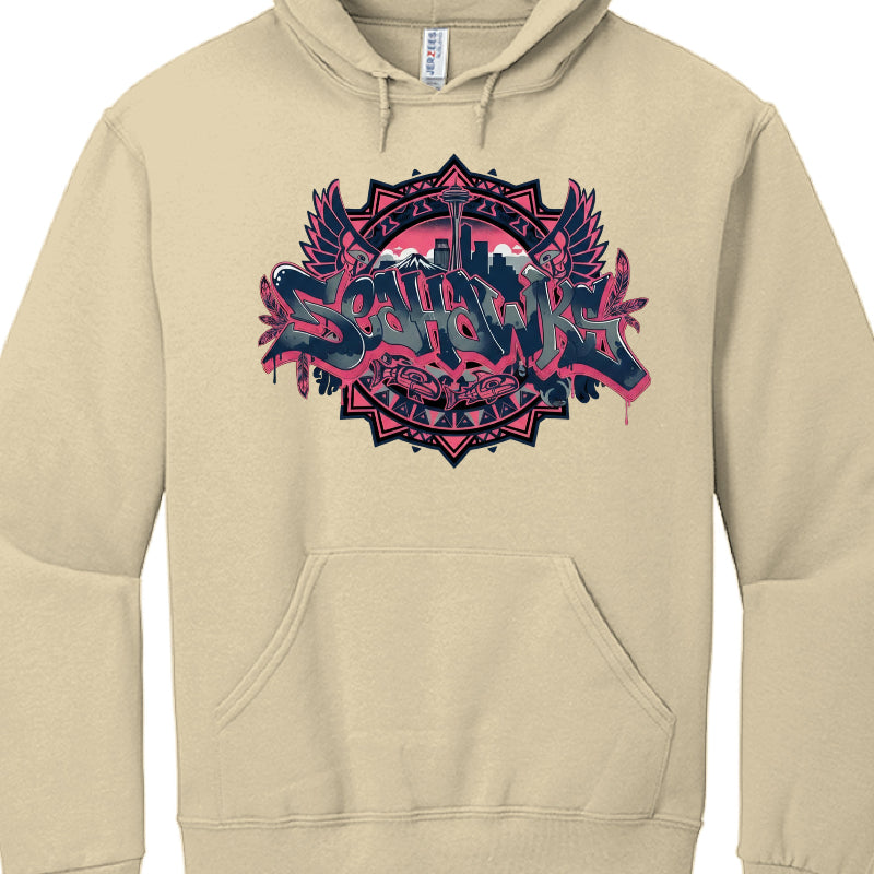 Beige hoodie with a colorful graphic design on a white background
