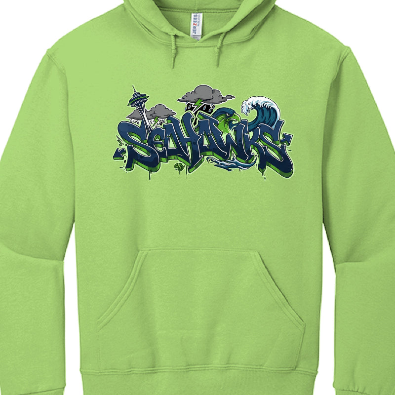 Green hoodie with 'SeaHawks' logo on a white background