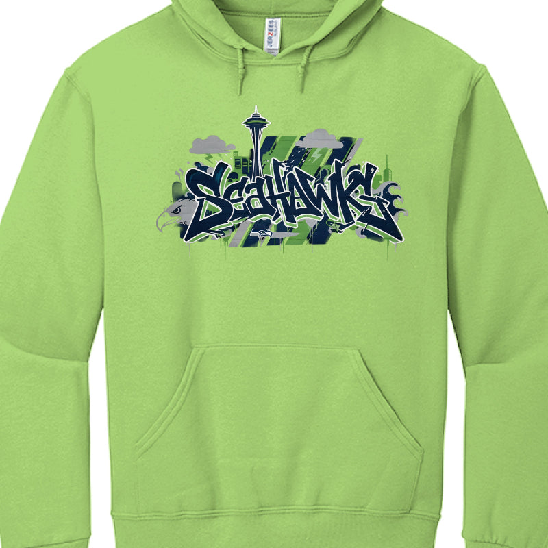 Green hoodie with 'Seahawks' graphic design on a white background