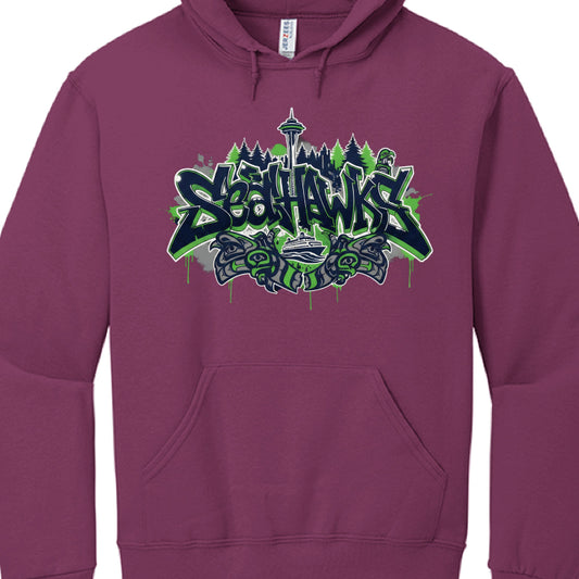 Maroon hoodie with 'Seattle Seahawks' graphic design on a white background
