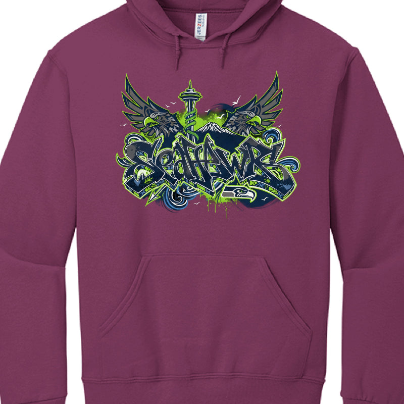 Purple hoodie with a graphic design on a white background