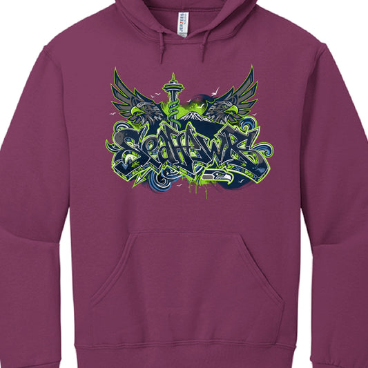 Purple hoodie with a graphic design on a white background