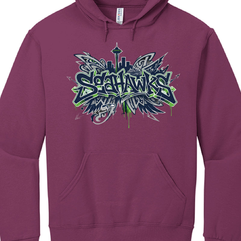 Maroon hoodie with 'Seahawks' graphic design on a white background