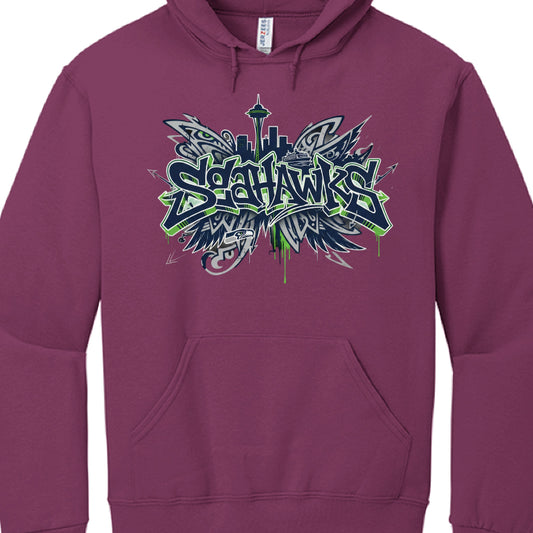 Maroon hoodie with 'Seahawks' graphic design on a white background