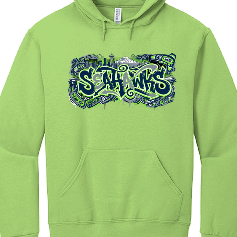 Green hoodie with 'Seahawks' logo on a white background