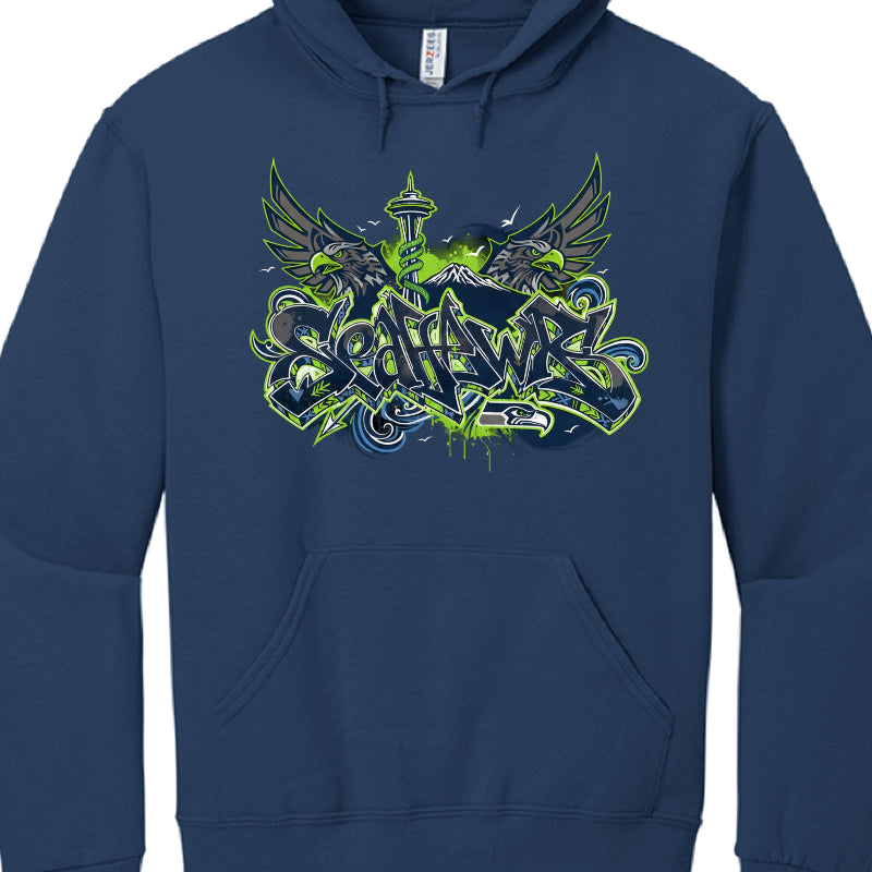 Navy blue hoodie with green and white graphic design on a white background