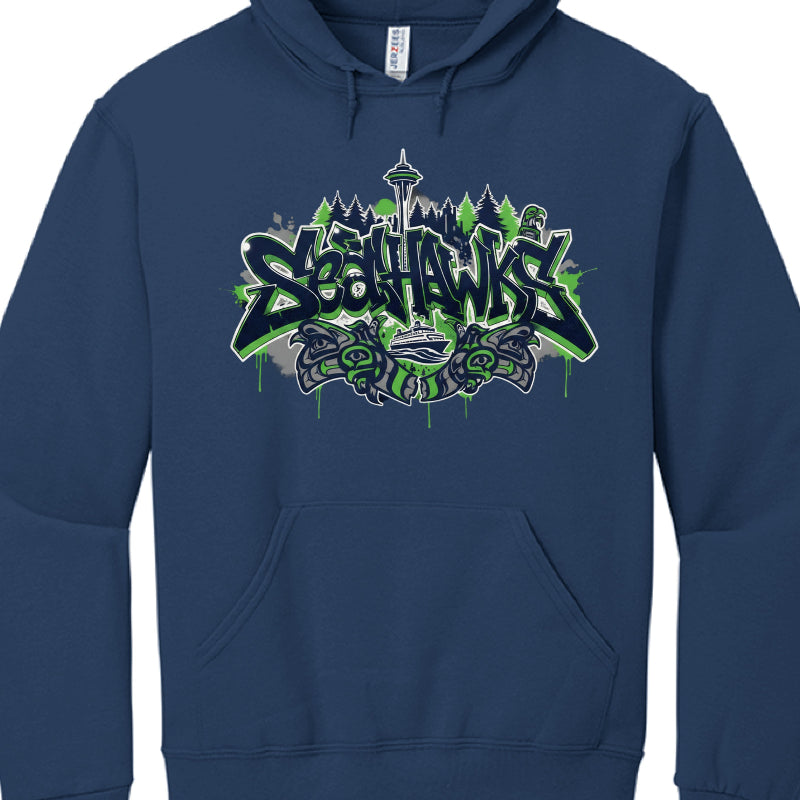 Navy blue hoodie with 'Seattle Seahawks' graphic design on a white background