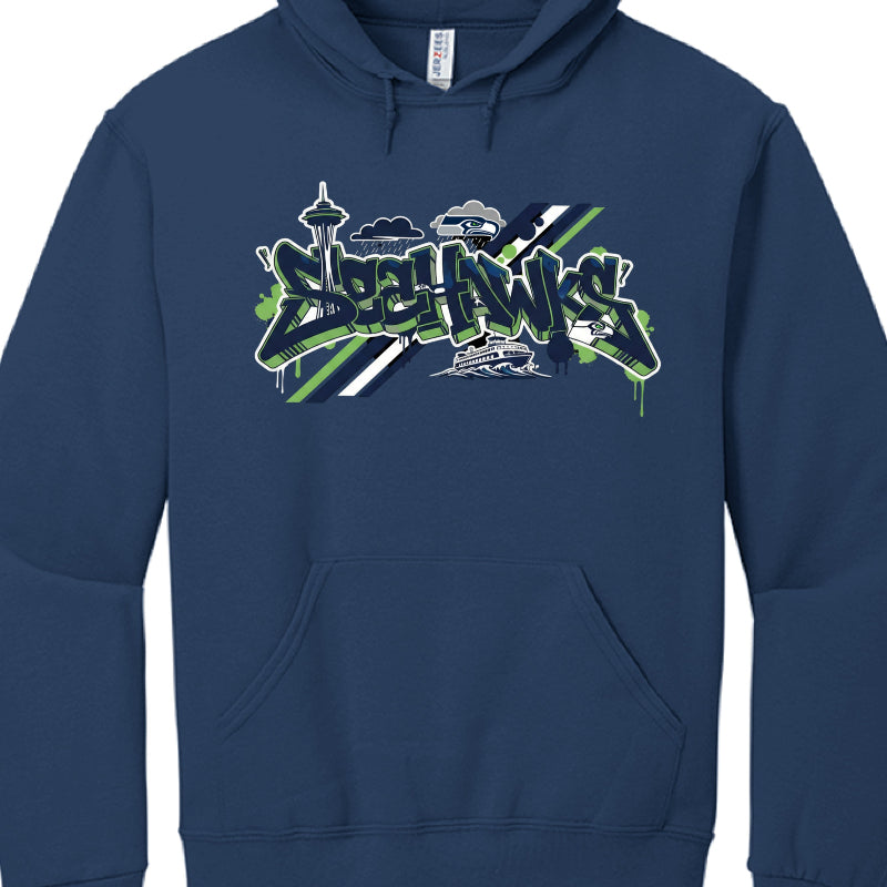 Navy blue hoodie with 'Seahawks' graphic design on a white background