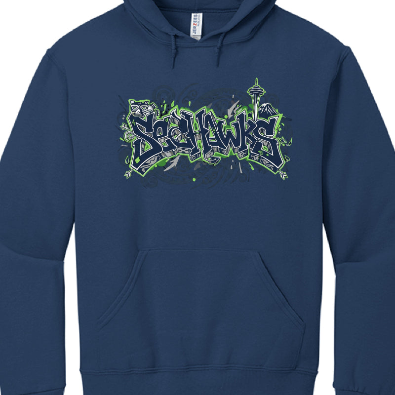 Navy blue hoodie with green and white graphic design on a white background