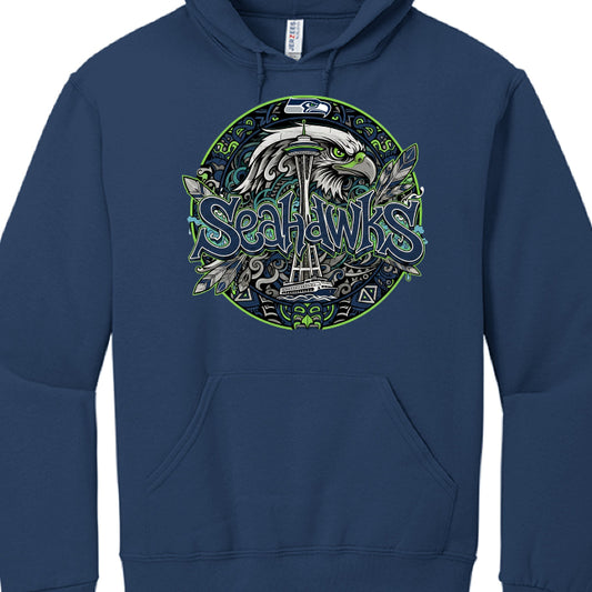 Navy blue hoodie with Seahawks logo featuring an eagle and Space Needle.