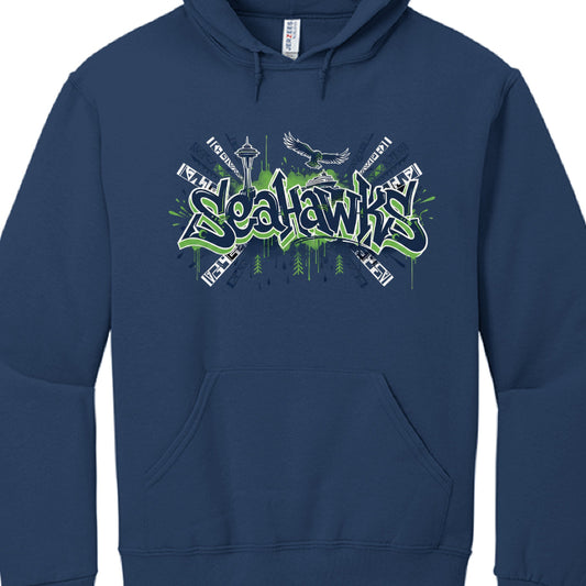 This image features a navy blue hooded sweatshirt with a complex graphic design on the chest, showcasing a fusion of sports culture and urban art.

Apparel Details
Garment Type: A pullover hoodie featuring a front kangaroo pocket and matching drawstrings.

Brand: The interior neck tag identifies the brand as Jerzees.

Color: The base fabric is a deep navy blue.

Graphic Design Elements
The central artwork is a highly detailed illustration that celebrates the Seattle Seahawks and the Pacific Northwest throug