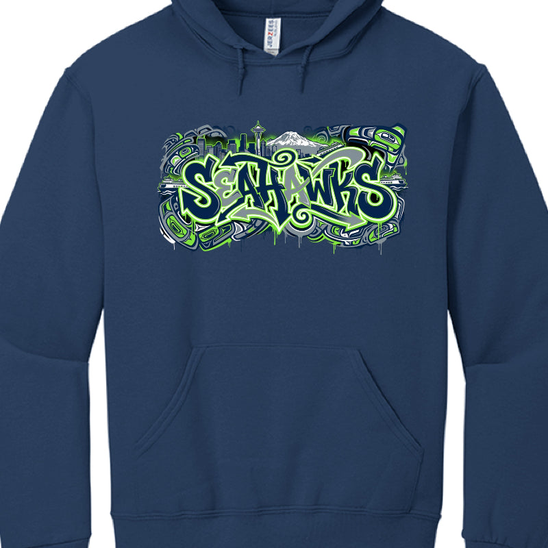 Navy blue hoodie with 'Seahawks' graphic design on a white background