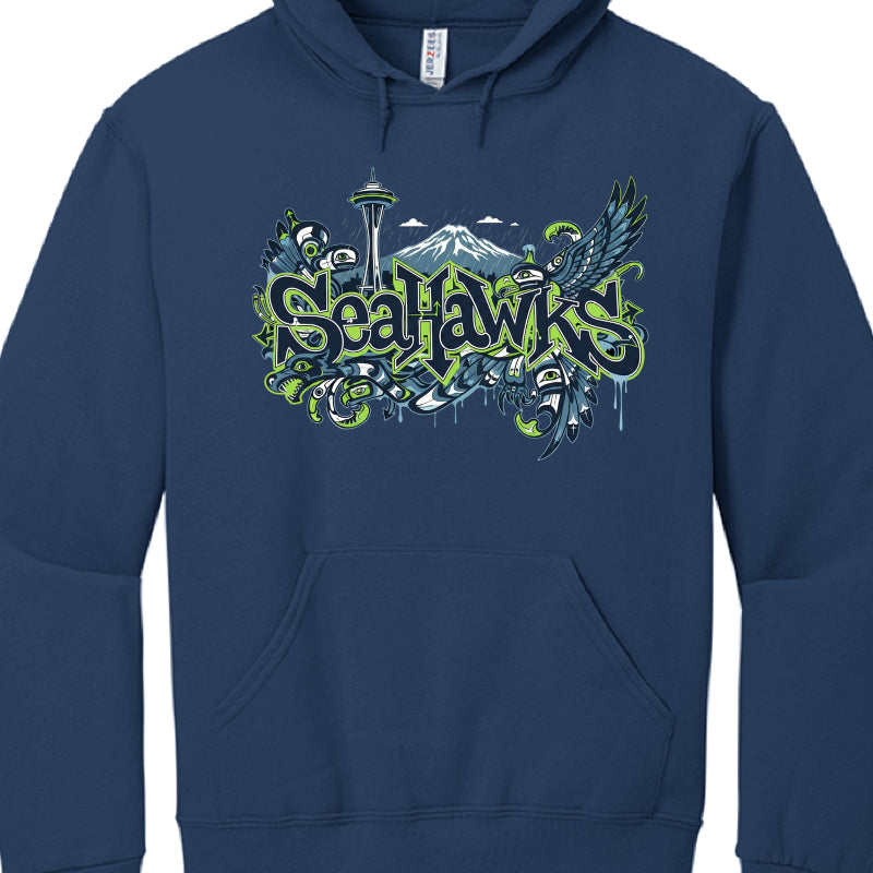 Navy blue hoodie with 'Seahawks' graphic design on a white background
