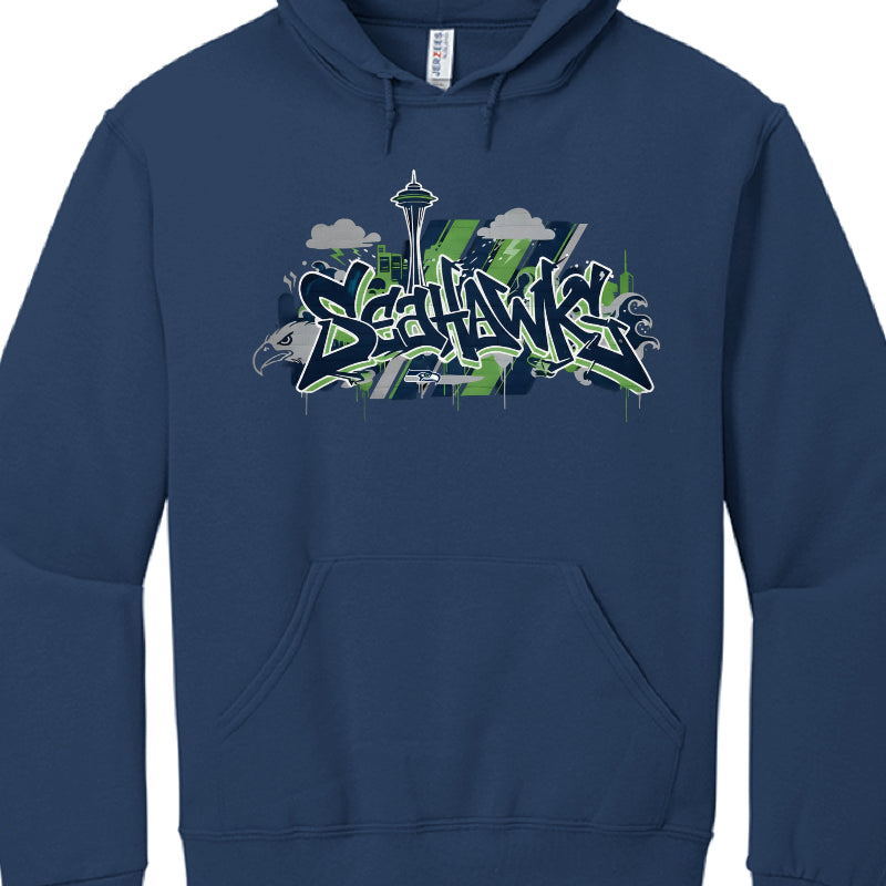 Navy blue hoodie with 'Seahawks' graphic design on a white background