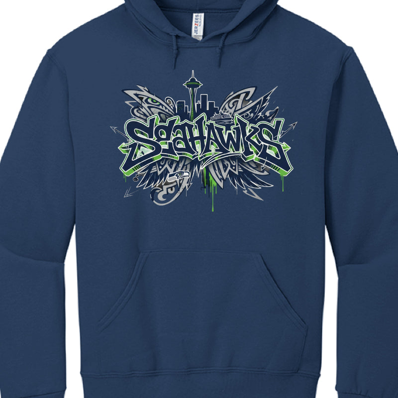 Navy blue hoodie with 'Seahawks' graphic design on a white background