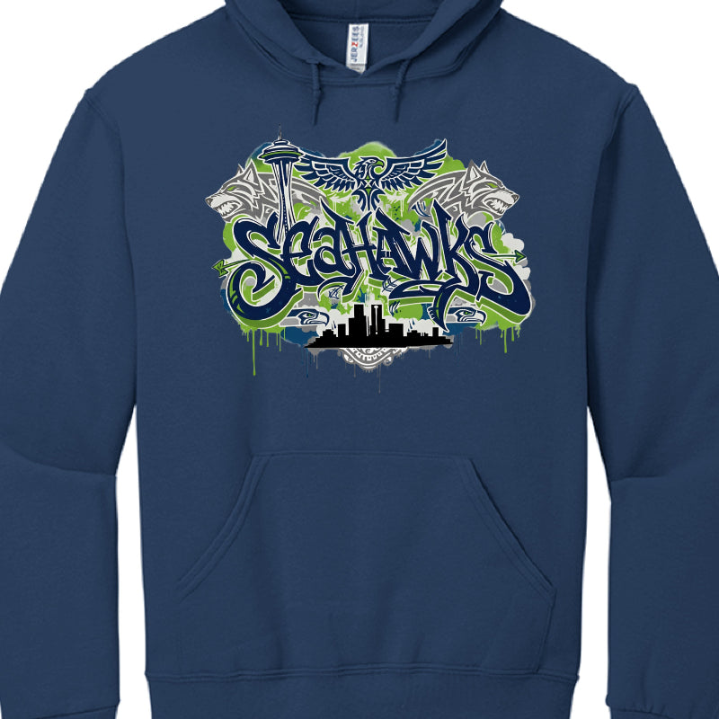 Navy blue hoodie with 'Seahawks' graphic design on a white background
