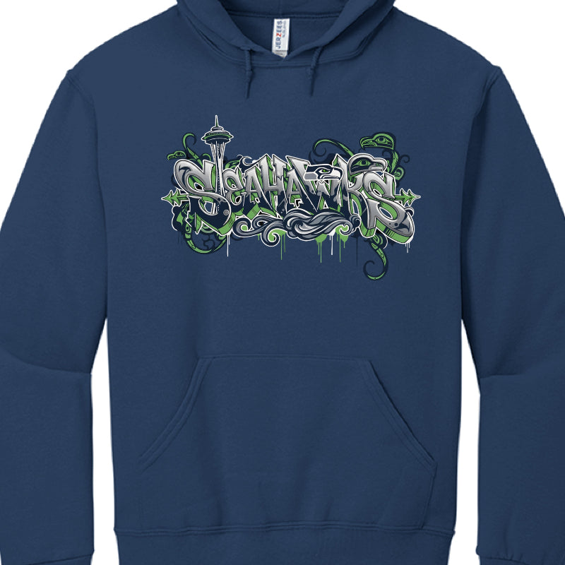 Navy blue hoodie with green and white graphic design on a white background