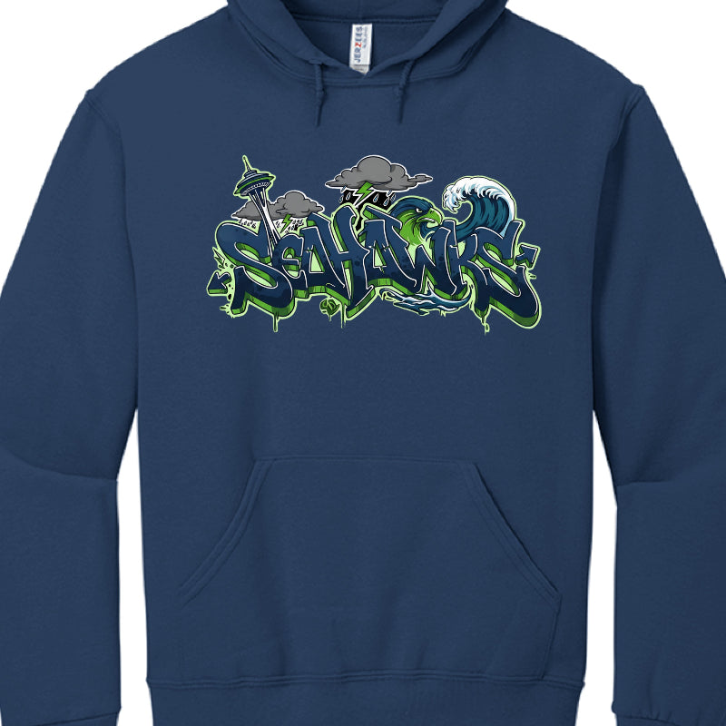 Navy blue hoodie with 'Seahawks' logo featuring a seahorse and wave design on a white background.