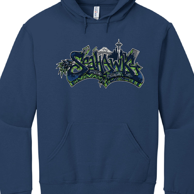 Navy blue hoodie with 'Seahawks' logo on a white background