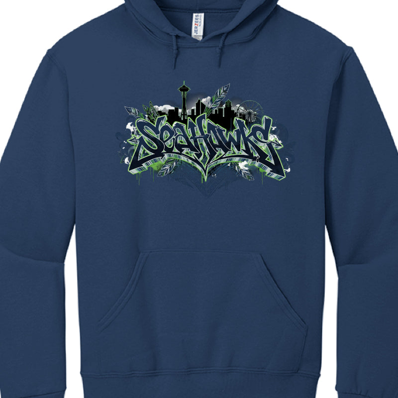 Navy blue hoodie with 'Sehawks' graphic design on a white background